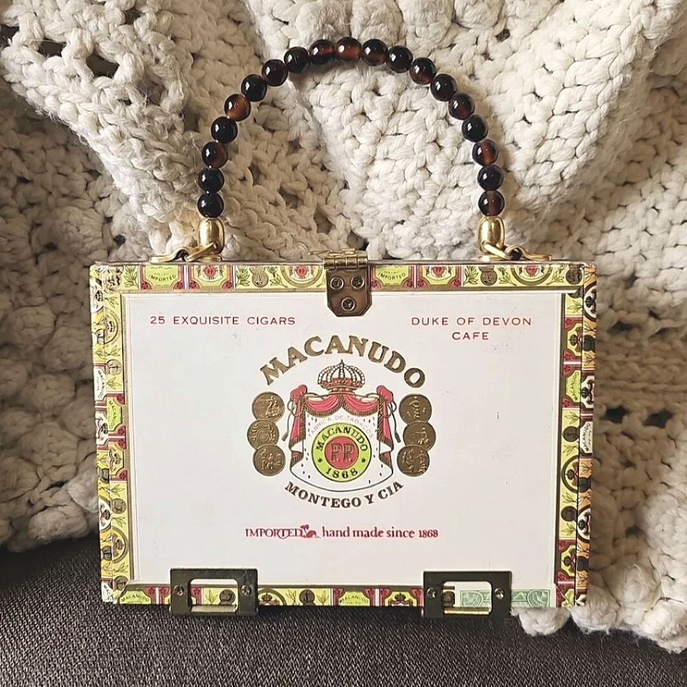 Vintage Macanudo Robust Cigar Box Animal Print Lining Purse Beaded Handle Unique